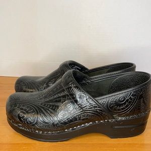 Dansko Black Tooled Leather Clogs